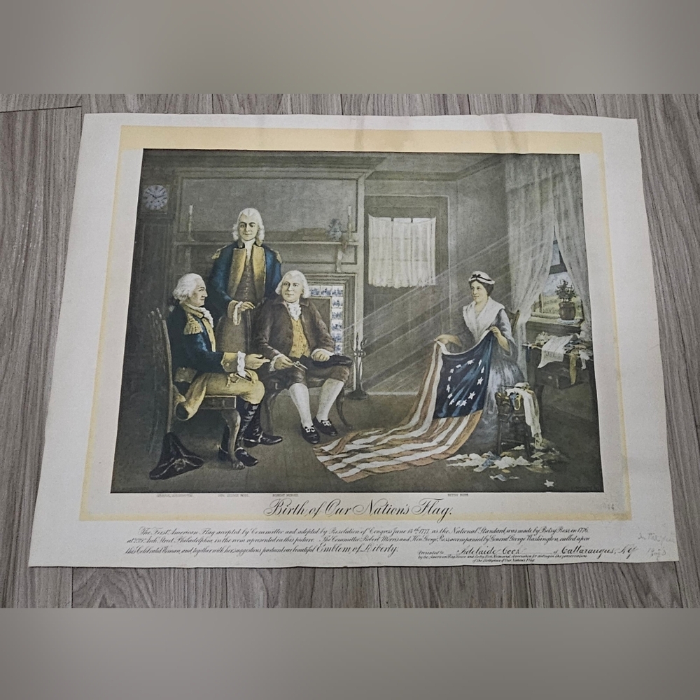 Antique 1911 Birth Of Our Nations Flag Betsy Ross Memorial Seal Lithograph Art